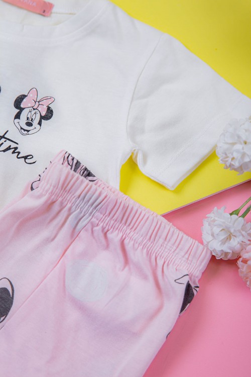 بيجامة بناتي قطعتين تيشيرت أبيض و بنطلون وردي طويل برسومات ميكي ماوس