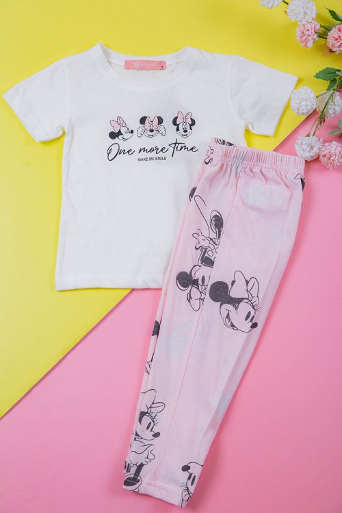 بيجامة بناتي قطعتين تيشيرت أبيض و بنطلون وردي طويل برسومات ميكي ماوس