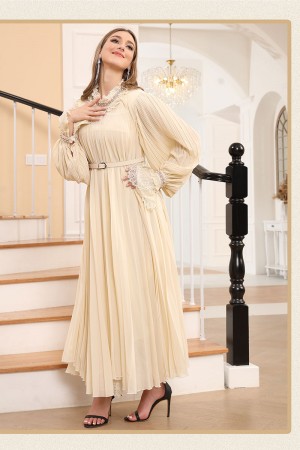 فستان نسائي لون اوف وايت بياقة عالية و أكمام طويلة و حزام منفصل في الخصر 