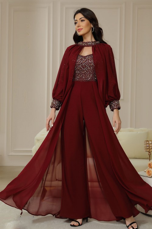 جمبسوت لون عودي متصل بأكمام شيفون و ياقة عالية و مزينة بالكريستال