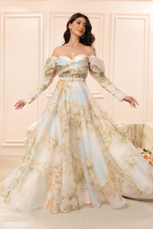 فستان نسائي طويل قماش مموج بأكمام طويلة و حزام في الخصر