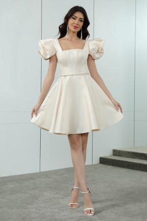 فستان نسائي قصير لون سكري بأكمام قصيرة و حزام في الخصر 