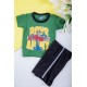 طقم ولادي قطعتين تيشيرت لون أخضر مزين بكتابات و رسومات من الأمام مع شورت لون أسود