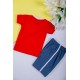 طقم ولادي قطعتين تيشيرت لون أحمر مزين بكتابات من الأمام مع شورت لون أزرق