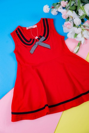 فستان بناتي متعدد الاوان بدون أكمام مخطط في الياقة و الأسفل و مزين بفيونكة في الأمام 