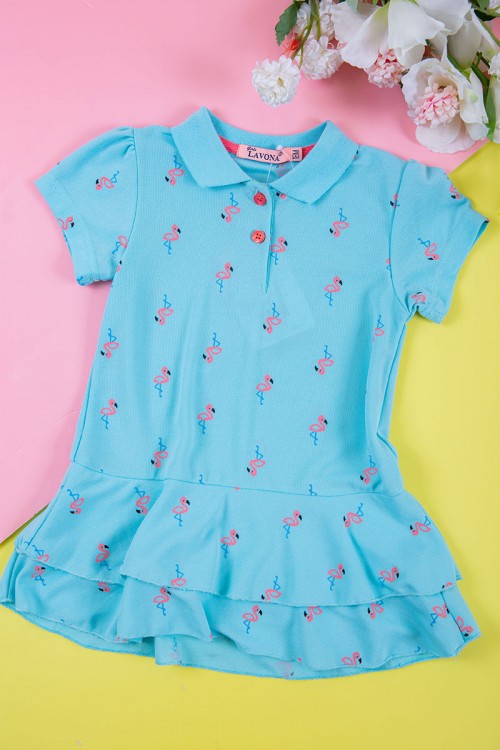 فستان بناتي متعدد الاوان بأكمام قصيرة و ياقة عالية  بسحاب مخفي من الخلف