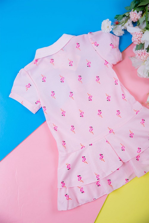 فستان بناتي متعدد الاوان بأكمام قصيرة و ياقة عالية  بسحاب مخفي من الخلف