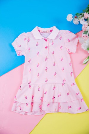 فستان بناتي متعدد الاوان بأكمام قصيرة و ياقة عالية  بسحاب مخفي من الخلف 