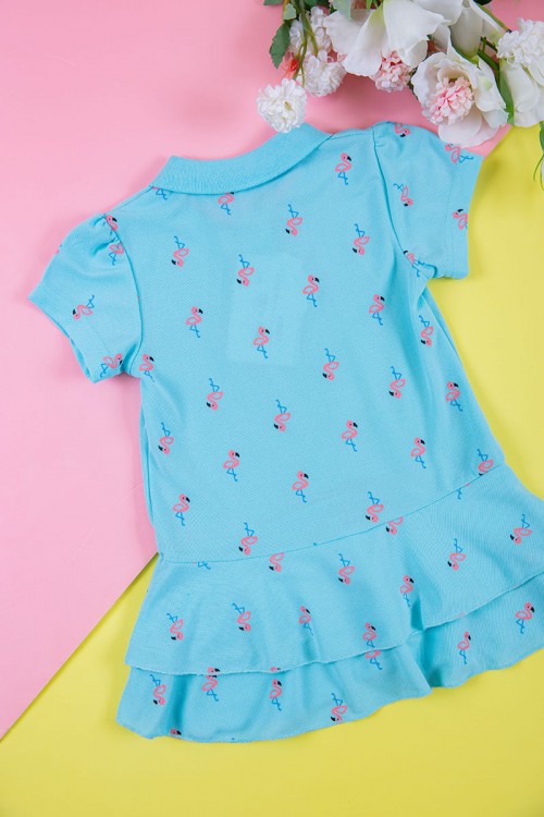 فستان بناتي متعدد الاوان بأكمام قصيرة و ياقة عالية  بسحاب مخفي من الخلف