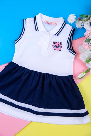 فستان بناتي متعدد الاوان بدون أكمام مخطط من الأطراف بأزرار و رسمة من الأمام 