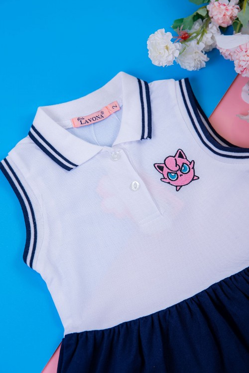 فستان بناتي متعدد الاوان بدون أكمام مخطط من الأطراف بأزرار و رسمة من الأمام