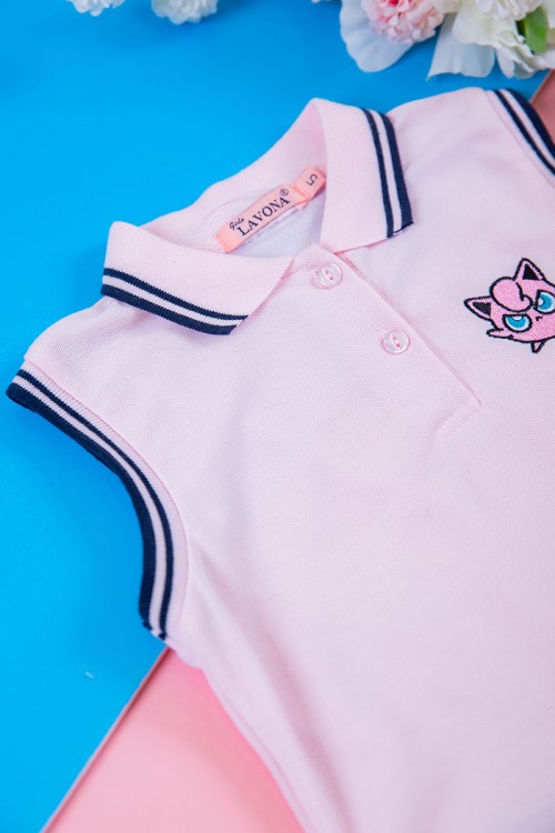 فستان بناتي متعدد الاوان بدون أكمام مخطط من الأطراف بأزرار و رسمة من الأمام