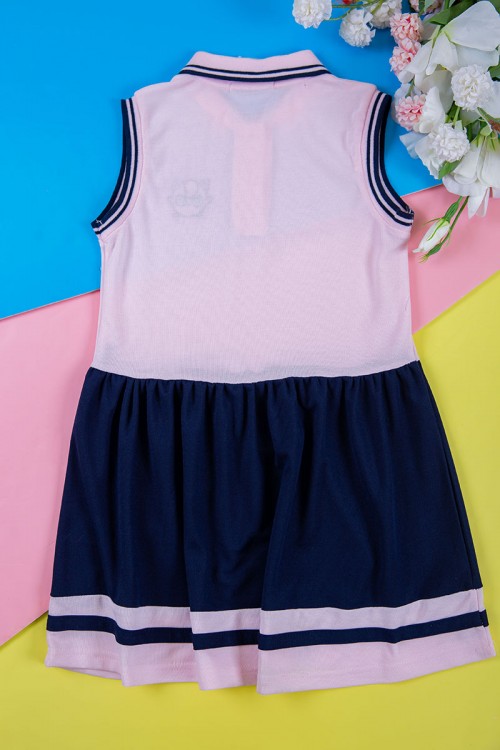 فستان بناتي متعدد الاوان بدون أكمام مخطط من الأطراف بأزرار و رسمة من الأمام