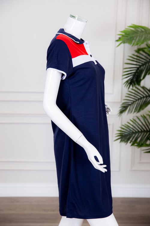 قميص نسائي ميدي متعدد الألوان بياقة مطوية بأزرار و كتابة من الأمام ذو أكمام قصيرة