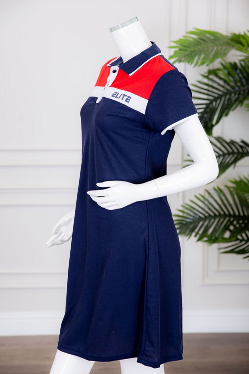 قميص نسائي ميدي متعدد الألوان بياقة مطوية بأزرار و كتابة من الأمام ذو أكمام قصيرة