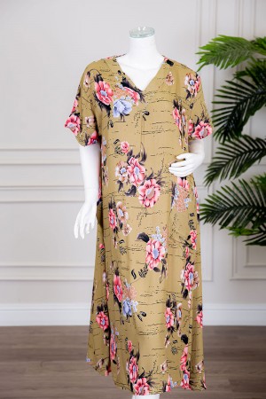 قميص نسائي ميدي لون بيج غامق مزين بالورود بياقة قصة سبعة ذو أكمام قصيرة 