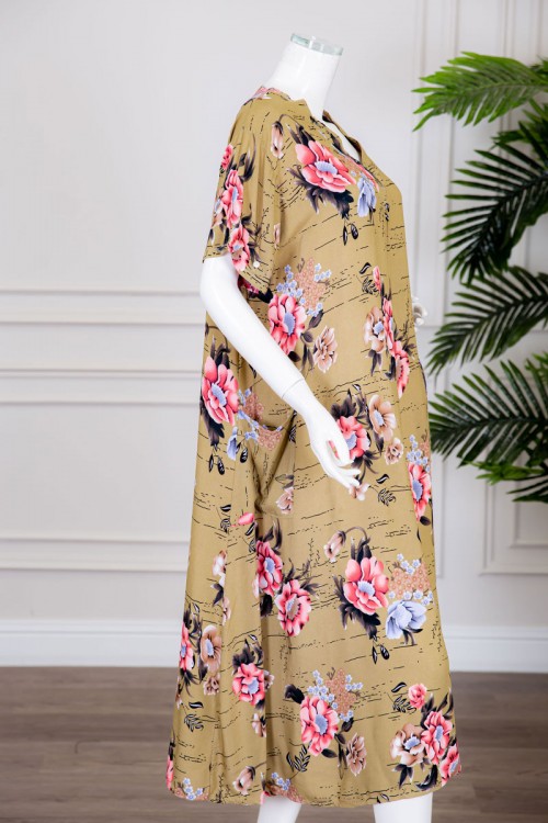 قميص نسائي ميدي لون بيج غامق مزين بالورود بياقة قصة سبعة ذو أكمام قصيرة