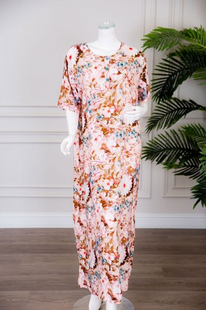 قميص نسائي طويل لون خربزي مشجر بياقة دائرية بأزرار من الأمام ذو أكمام قصيرة 