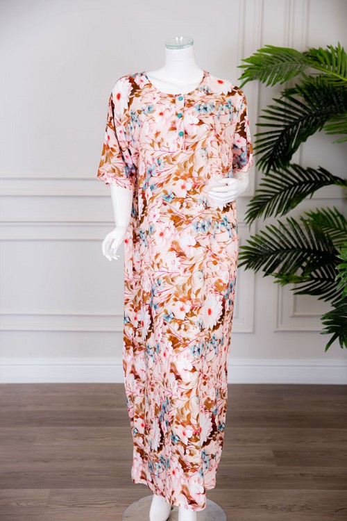 قميص نسائي طويل لون خربزي مشجر بياقة دائرية بأزرار من الأمام ذو أكمام قصيرة