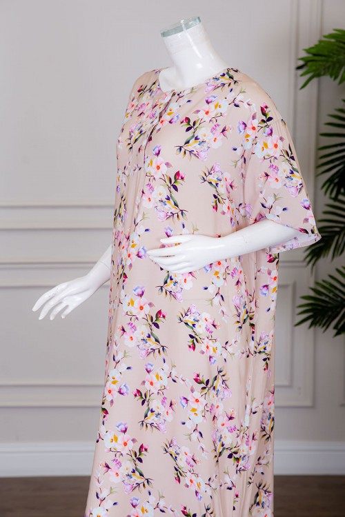 قميص نسائي طويل لون بيج مشجر بياقة دائرية بأزرار من الأمام ذو أكمام قصيرة