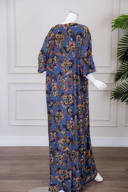 قميص نسائي طويل لون أزرق مشجر بياقة دائرية بأزرار من الأمام ذو أكمام قصيرة