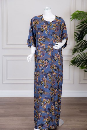 قميص نسائي طويل لون أزرق مشجر بياقة دائرية بأزرار من الأمام ذو أكمام قصيرة 