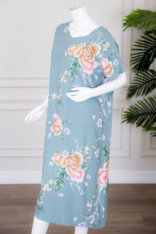 قميص نسائي ميدي لون سماوي مشجر بياقة دائرية ذو أكمام قصيرة