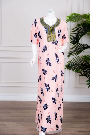 قميص نسائي طويل لون خربزي بطبعات أوراق الشجر و بياقة كلفة مطرزة ذو أكمام قصيرة 