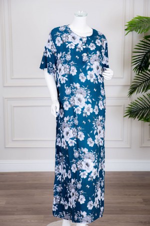 قميص نسائي طويل لون أزرق مزين بالورود ياقة دائرية بأزرار من الأمام ذو أكمام قصيرة 