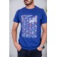 تيشيرت رجالي لون أزرق مزين بكتابات و رسومات ملونة من الأمام