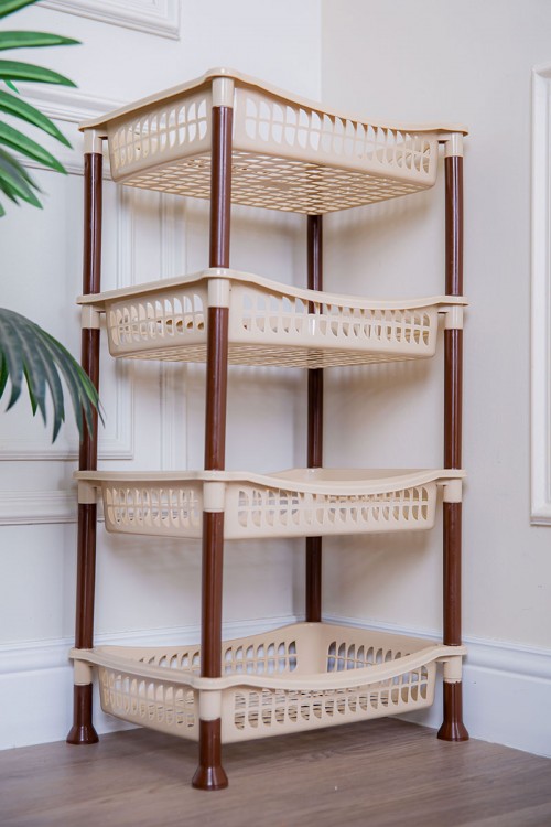 سلة خضار بلاستيك لون بيج مستطيلة 4 رفوف مخرمة