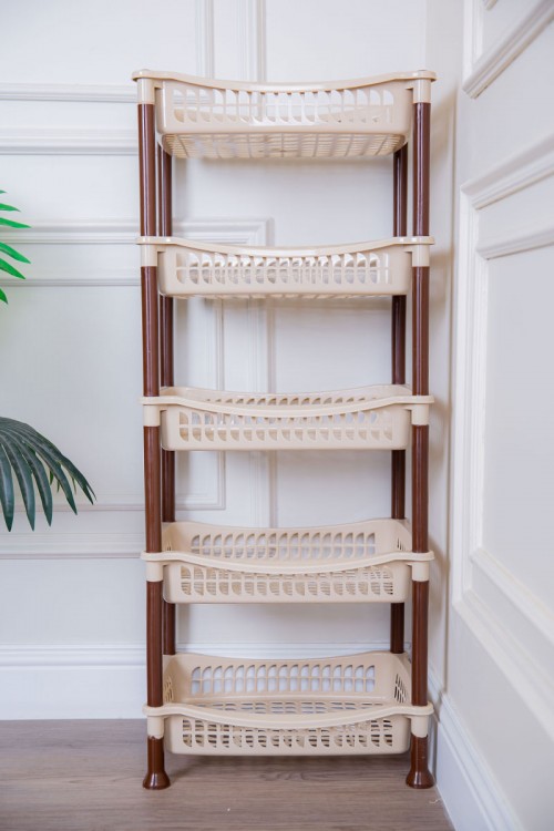 سلة خضار بلاستيك لون بيج مستطيلة 5 رفوف مخرمة