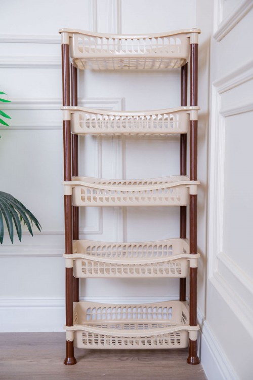 سلة خضار بلاستيك لون بيج مستطيلة 5 رفوف مخرمة