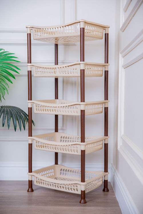 سلة خضار بلاستيك لون بيج مستطيلة 5 رفوف مخرمة