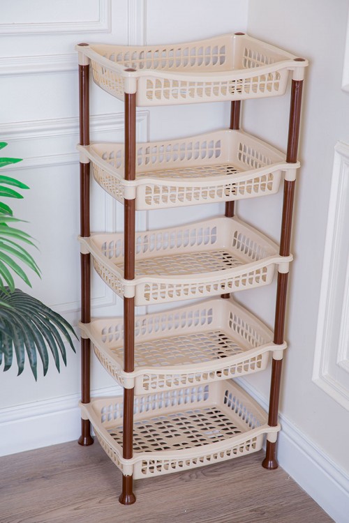 سلة خضار بلاستيك لون بيج مستطيلة 5 رفوف مخرمة