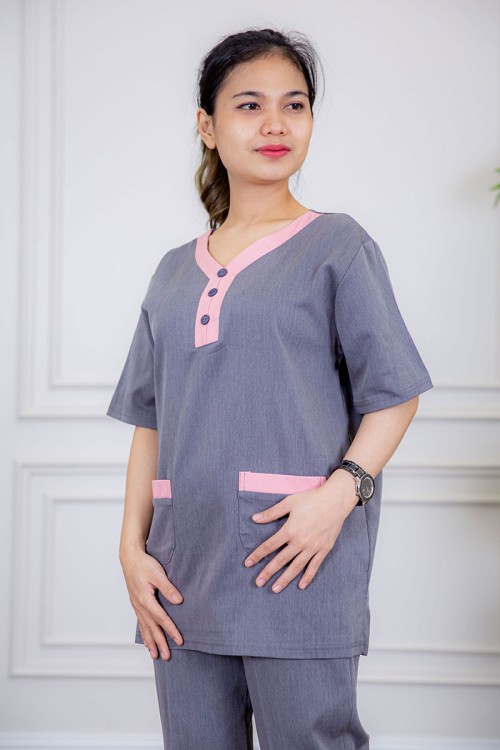 زي عاملة قطعتين متعددة الألوان بلوزة بياقة قصة سبعة بأزرار و جيوب من الأمام ذو أكمام ميدي و بنطلون طويل