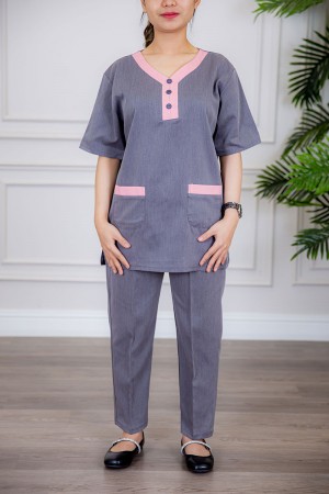 زي عاملة قطعتين متعددة الألوان بلوزة بياقة قصة سبعة بأزرار و جيوب من الأمام ذو أكمام ميدي و بنطلون طويل