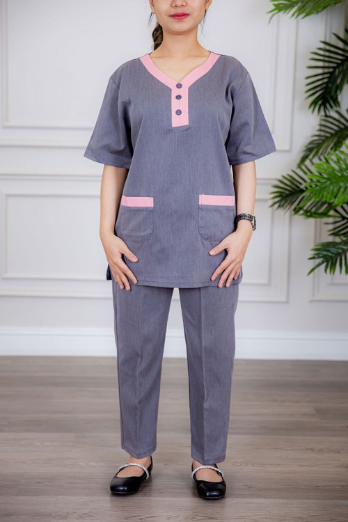 زي عاملة قطعتين متعددة الألوان بلوزة بياقة قصة سبعة بأزرار و جيوب من الأمام ذو أكمام ميدي و بنطلون طويل