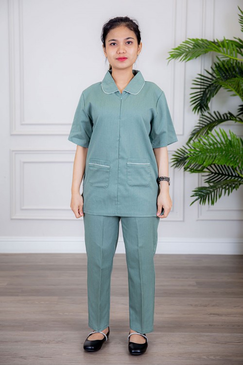 زي عاملة قطعتين متعددة الألوان بلوزة بياقة مطوية سحاب مخفي و جيوب من الأمام ذو أكمام ميدي و بنطلون طويل