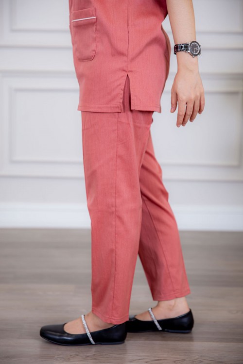 زي عاملة قطعتين متعددة الألوان بلوزة بياقة مطوية سحاب مخفي و جيوب من الأمام ذو أكمام ميدي و بنطلون طويل