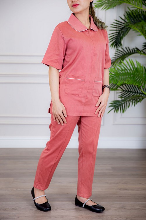 زي عاملة قطعتين متعددة الألوان بلوزة بياقة مطوية سحاب مخفي و جيوب من الأمام ذو أكمام ميدي و بنطلون طويل