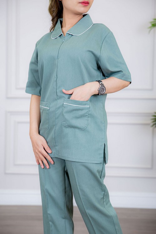 زي عاملة قطعتين متعددة الألوان بلوزة بياقة مطوية سحاب مخفي و جيوب من الأمام ذو أكمام ميدي و بنطلون طويل