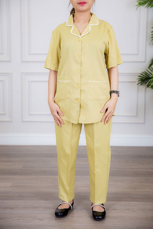 زي عاملة قطعتين متعددة الألوان بلوزة بياقة مطوية جيوب و أزرار من الأمام ذو أكمام ميدي و بنطلون طويل