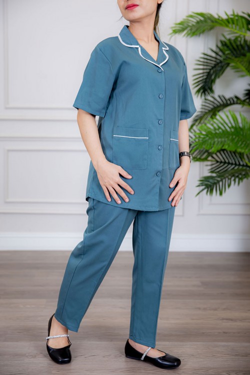 زي عاملة قطعتين متعددة الألوان بلوزة بياقة مطوية جيوب و أزرار من الأمام ذو أكمام ميدي و بنطلون طويل