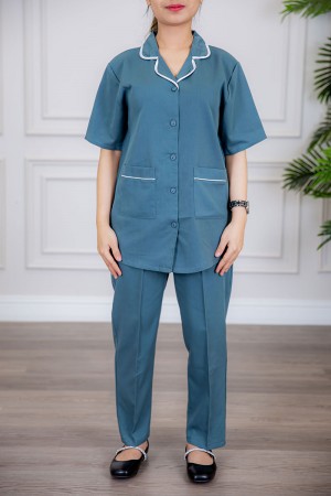 زي عاملة قطعتين متعددة الألوان بلوزة بياقة مطوية جيوب و أزرار من الأمام ذو أكمام ميدي و بنطلون طويل