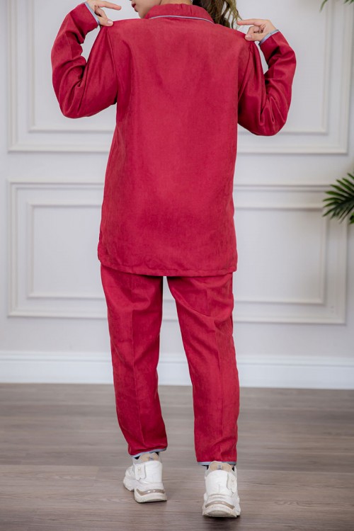 زي عاملة قطعتين متعددة الألوان بلوزة بياقة مطوية سحاب مخفي و جيوب من الأمام مزينة بفيونكة ذو أكمام طويلة و بنطلون طويل