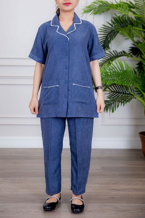 زي عاملة قطعتين متعددة الألوان بلوزة بياقة مطوية جيوب و أزرار من الأمام ذو أكمام قصيرة و بنطلون طويل