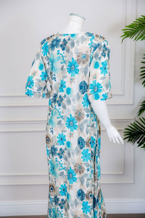 قميص نسائي طويل مشجر باللون السماوي و الأزرق ياقة قصة سبعة ذو أكمام ميدي