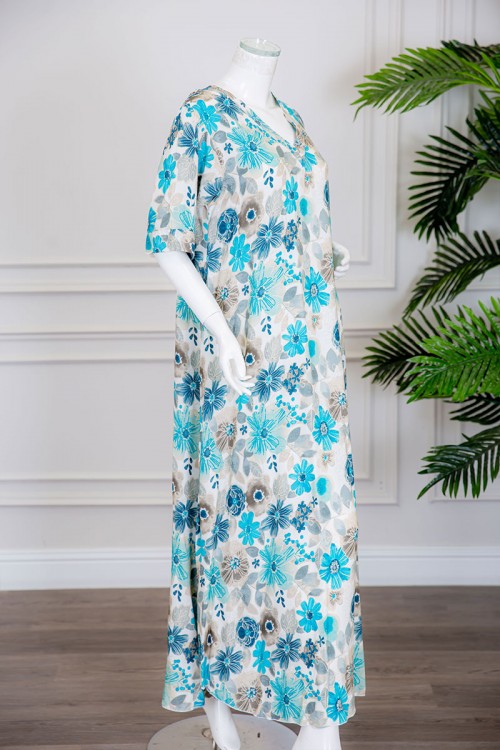 قميص نسائي طويل مشجر باللون السماوي و الأزرق ياقة قصة سبعة ذو أكمام ميدي