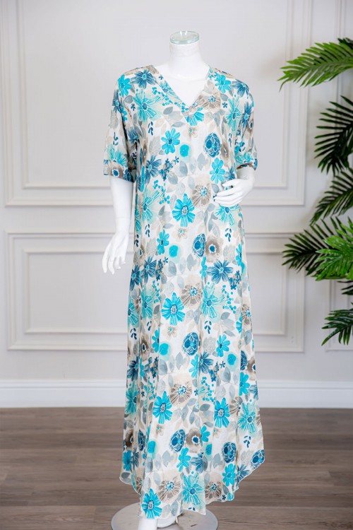 قميص نسائي طويل مشجر باللون السماوي و الأزرق ياقة قصة سبعة ذو أكمام ميدي